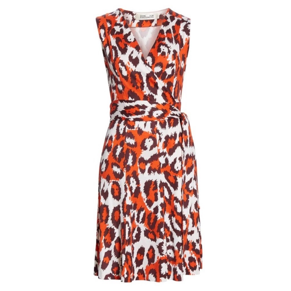 Diane Von Furstenberg Orange and White Sleeveless Wrap Midi Dress